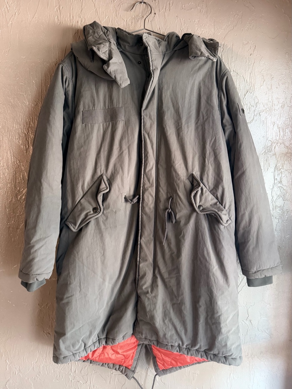 True Religion Mens M Long Parka Coat Sherpa Lined Buddha Patch Military Jacket